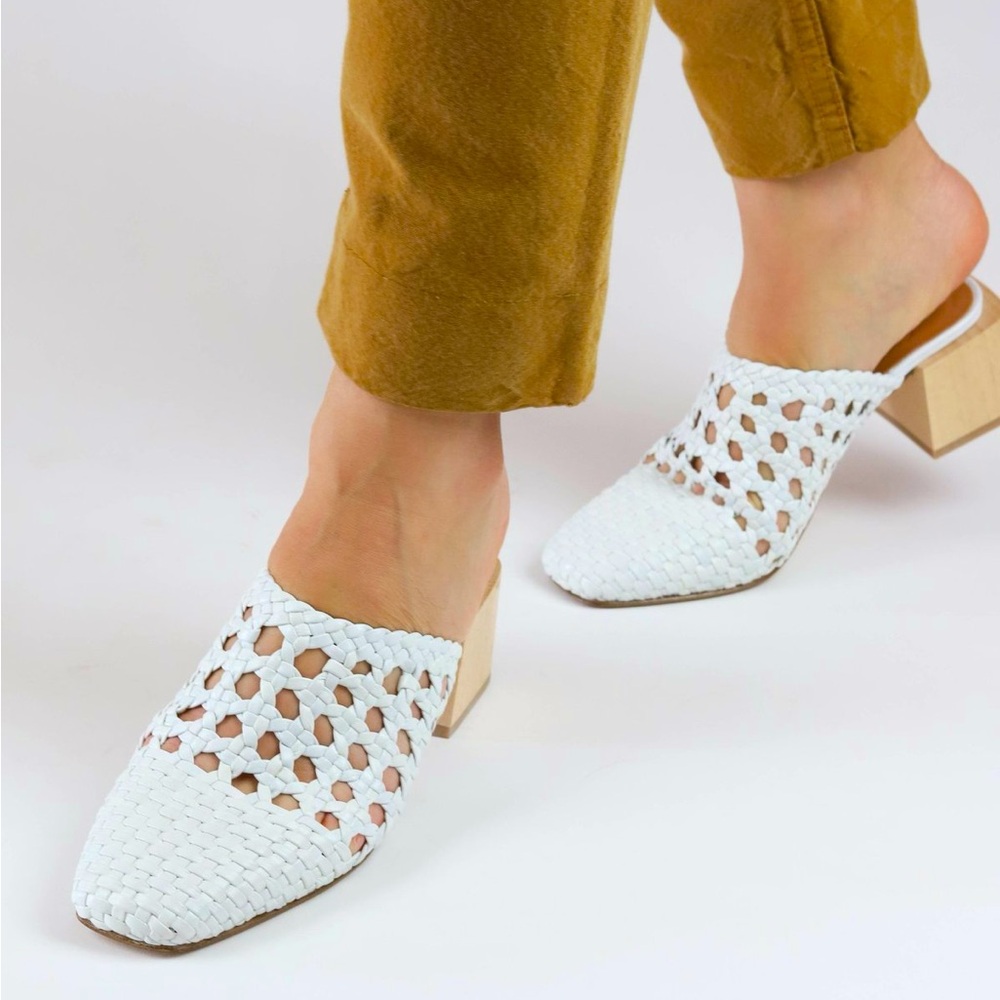 LOQ Ines Blanco White Leather Woven Lattice Weave Block Heel Mules sz 39
